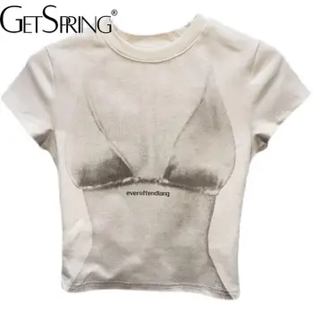 Женская футболка GetSpring с короткими рукавами, белая футболка с принтом, свободная повседневная универсальная модная женская футболка, женские футболки-топы