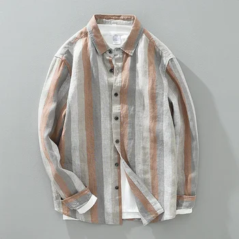 Уличная одежда, цветная полосатая рубашка из чистого льна с длинными рукавами в японском стиле, повседневная свободная литературная рубашка, куртка, мужская одежда