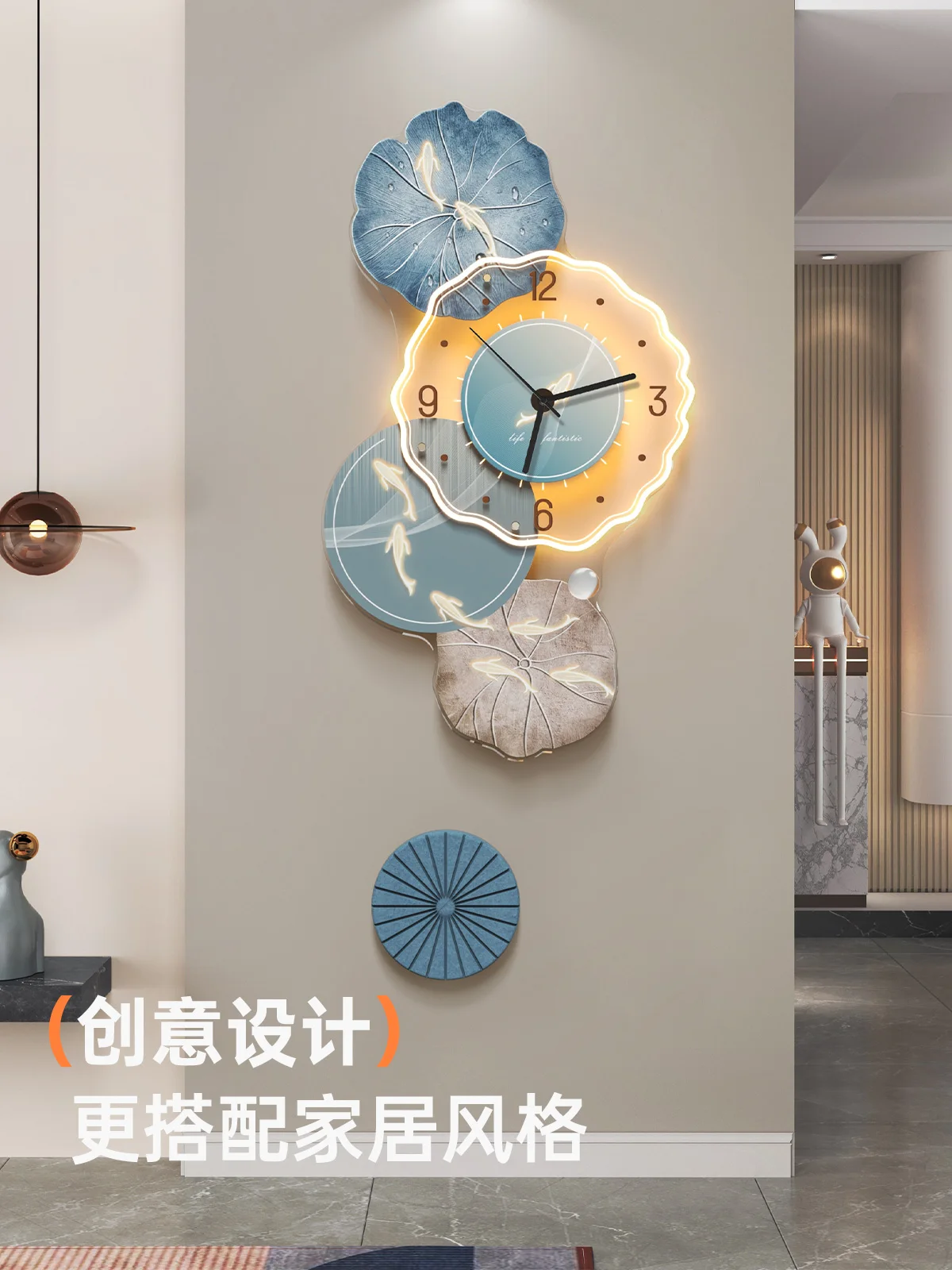 Настенные часы с картой девяти рыб, новая творческая атмосфера в гостиной, настенный светильник, высококачественная декоративная роспись, современные простые часы - 1