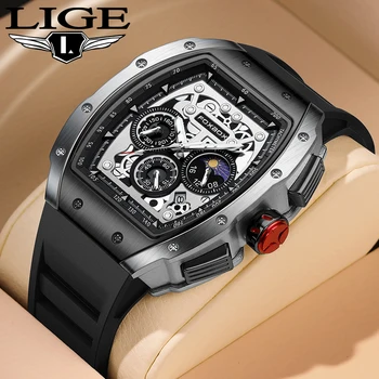 Мужские часы LIGE, роскошные квадратные модные деловые мужские часы с силиконовым ремешком, водонепроницаемые повседневные спортивные кварцевые часы для мужчин, хронограф