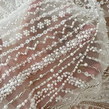 Белая вышитая бисером серебристая трубка, роскошная тюлевая сетчатая ткань, высококачественная ткань для свадебного платья невесты, 1 ярд