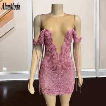 Сексуальные розовые платья на день рождения для женщин, прозрачная шея, расшитая бисером, с открытыми плечами, Короткие платья для выпускного вечера, одежда для вечеринок, Vestidos De Graduación