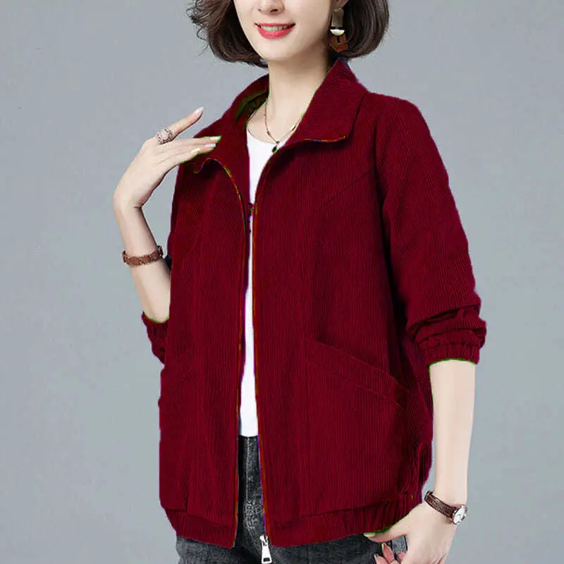 Женская Весенне-Осенняя Вельветовая Куртка 2023 Женская Новая Корейская Свободная Короткая Куртка Для Матери Среднего возраста С Капюшоном - 5