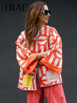TRAF Осенне-зимняя Укороченная куртка, пальто из хлопка в стиле пэчворк с принтом, Свободная Roupa Y2k, женская модная винтажная ветровка для Хай-стрит