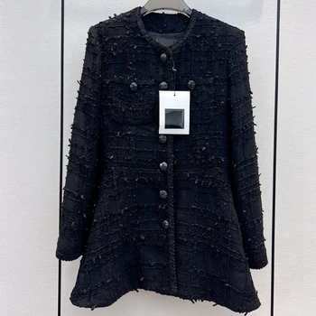 Куртки Женские осень-зима, черное однобортное пальто средней длины с круглым вырезом и завышенной талией, винтажная элегантная милая приталенная женская одежда