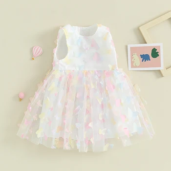 Повседневное платье для девочек с декором в виде бабочки для малышей, мини-платье без рукавов с круглым вырезом, праздничное платье для маленьких девочек