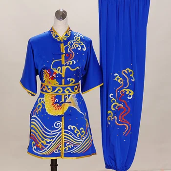 Сшитая на заказ одежда для тайцзицюань, форма для боевых искусств, выступление на соревнованиях с длинным кулаком, Женская и мужская вышивка в виде дракона, новый стиль, синий