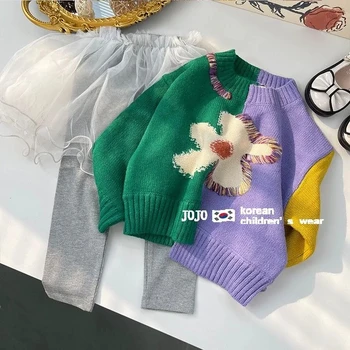 Детский свитер для девочек, трикотаж, Весна и осень, 2023, Новый модный пуловер с цветочным узором, свитер, детский топ в тон