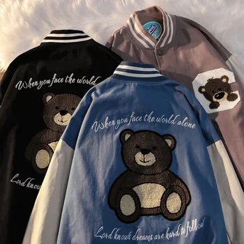 Кавайный Вышитый Медведь, куртка в стиле колледжа, пальто, Мужчины, Женщины, Новый тренд, Свободная, Дикая, панк, готическая пара, Бейсбольная форма, Уличная одежда