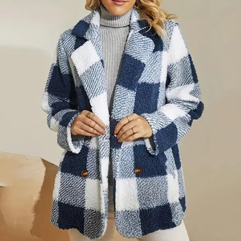 Женское шерстяное пальто со свободным воротником, синяя и белая клетчатая куртка средней длины, зимнее женское пальто, теплая верхняя одежда, пальто L5
