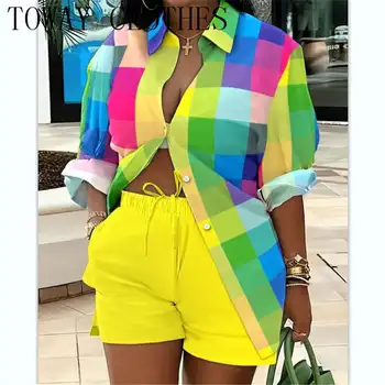 Летняя одежда 2023 года, повседневный комплект из двух предметов с длинным рукавом для женщин, рубашка с цветными блоками на пуговицах и короткие комплекты, уличная одежда Y2k