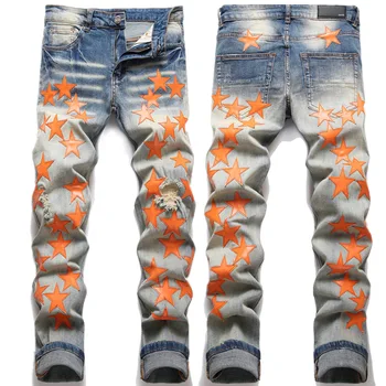 Мода 2023, роскошь для мужчин, стильные узкие джинсы со звездными принтами и оранжевыми нашивками, джинсовые хлопчатобумажные брюки для верховой езды