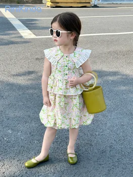 Милое платье для маленьких девочек, летнее платье-фонарь без рукавов с цветочными оборками, детское платье для девочек, детская одежда 2023 C01