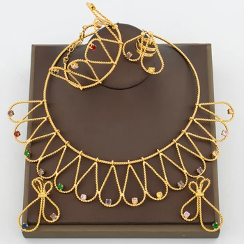 Африканский позолоченный комплект ювелирных изделий для женщин, ожерелье и серьги с браслетом и кольцом с изысканным каменным дизайном, набор для свадеб, новобрачных