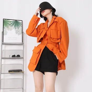 Оранжевый пиджак в стиле рабочей одежды ранней осени, новый Свободный повседневный женский пиджак с несколькими карманами на шнуровке, подчеркивающий талию.