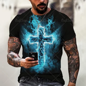 Мужская футболка с 3D-принтом в готическом стиле с крестом Иисуса Христа, винтажная уличная футболка с круглым вырезом и коротким рукавом, летний топ оверсайз, мужская одежда