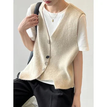 Женский свитер, осенняя южнокорейская мода, новый вязаный жилет, женский повседневный белый жилет с V-образным вырезом и пуговицами, кашемировый кардиган