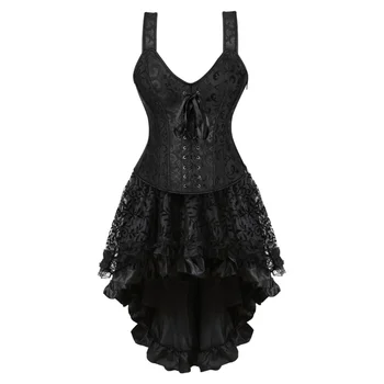 Черный стимпанк корсет платье для женщин ремни жаккардовые юбки Бурлеск overbust бюстье готическая одежда размера плюс 6XL