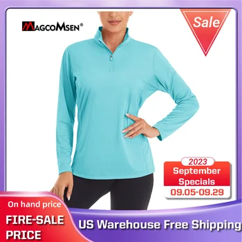 Женские рубашки MAGCOMSEN С длинным рукавом на молнии 1/4 UPF50 + Защита от ультрафиолета, Быстрая сушка, Спортивная рубашка для пеших прогулок, Защита от сыпи