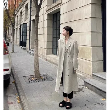 Французское офисное женское пальто из овсяного флиса, женское осеннее Свободное Однобортное шерстяное пальто с длинным отложным воротником, модная женская одежда