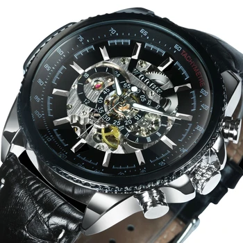 Военные часы WINNER для мужчин, спортивные Автоматические Механические часы со скелетом, Модный Кожаный стальной ремешок, роскошные часы, светящиеся