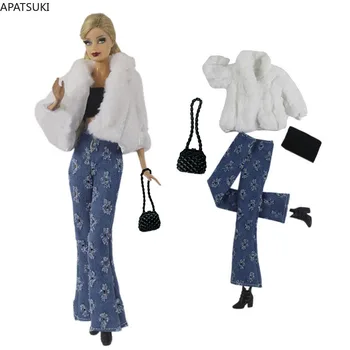 Белое пальто из искусственного меха, комплект одежды для куклы Барби, модный топ, брюки, Обувь, сумка для кукол Barbie 1/6, аксессуары, игрушки
