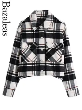 2023 bazaleas store traf Черно-белая клетчатая куртка, клетчатое короткое пальто, контрастная куртка, официальная женская одежда