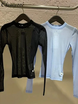 Новые футболки 2023, Летние Сексуальные прозрачные облегающие топы, нижняя рубашка, Модная женская сетчатая футболка с длинными рукавами и буквенным принтом
