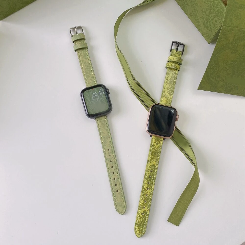 Тонкий Ремешок из Зеленой кожи с Винтажным Принтом Для Apple Watch Band 44 мм 40 мм 45 мм 41 мм 42 мм 38 мм Высококачественный Деловой ремешок для часов - 2