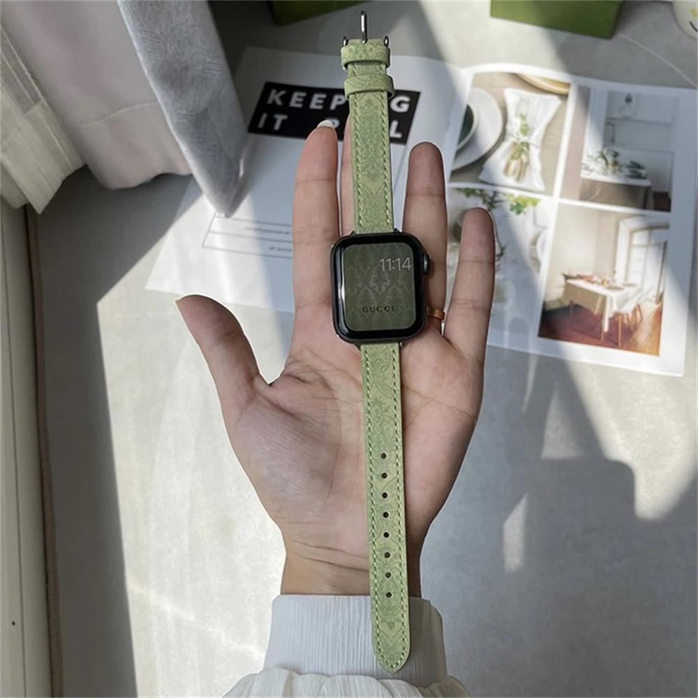 Тонкий Ремешок из Зеленой кожи с Винтажным Принтом Для Apple Watch Band 44 мм 40 мм 45 мм 41 мм 42 мм 38 мм Высококачественный Деловой ремешок для часов - 5