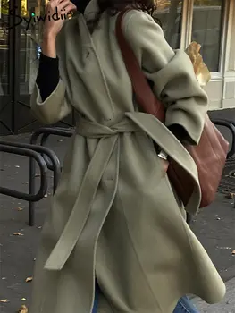 Пальто с длинным рукавом Syiwidii для женщин 2023, Новое модное винтажное зимнее пальто с отложным воротником на шнуровке, Повседневное Свободное длинное шерстяное пальто