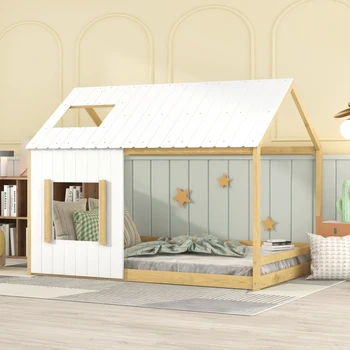 Белая + Натуральная домашняя кровать с крышей и окном - мебель для дома в натуральную величину