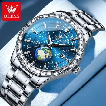 Оригинальные кварцевые мужские часы OLEVS Роскошные бриллиантовые Звездное небо Светящиеся водонепроницаемые наручные часы из нержавеющей стали Кварцевые часы для мужчин