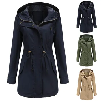Женская легкая куртка, открытый тренч, ветровка на молнии и шнурке, пальто с капюшоном, женская однотонная куртка, Осенняя верхняя одежда L5