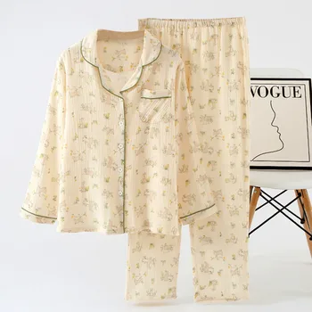 Повседневная пижама Для женщин, Свободные брюки из чистого хлопка с длинными рукавами и отворотами, Комплект домашней одежды, осенне-зимний пижамный женский костюм