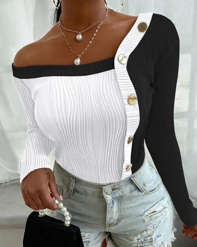 Женский модный текстурированный топ с цветными блоками, асимметричный дизайн шеи, повседневная футболка, женская облегающая футболка с длинным рукавом - 0