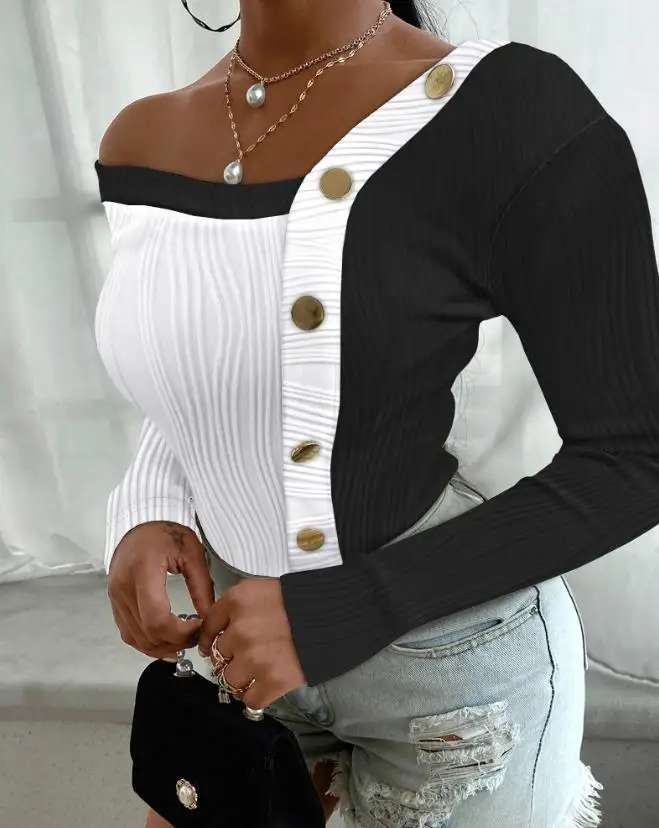Женский модный текстурированный топ с цветными блоками, асимметричный дизайн шеи, повседневная футболка, женская облегающая футболка с длинным рукавом - 1