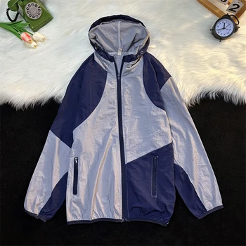 Модные солнцезащитные куртки контрастного цвета, летняя Легкая дышащая Свободная куртка, Японское повседневное пальто на открытом воздухе