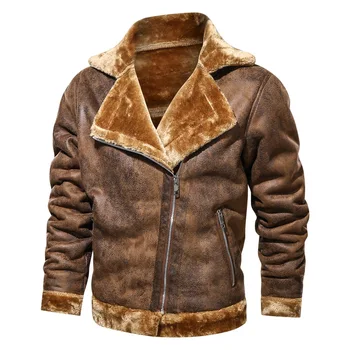 мужская одежда 2023 года, зимняя кожаная куртка с отворотом из плюша и утолщенного повседневного меха 