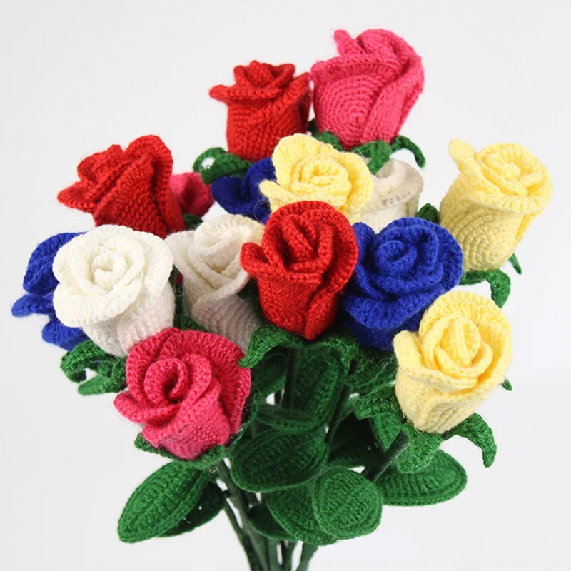Букет ручной вязки, связанный крючком из пряжи, Шерстяное украшение, Цветок розы, Искусственное растение, Подарок, Красивый Тканый Свадебный декор для дома - 0