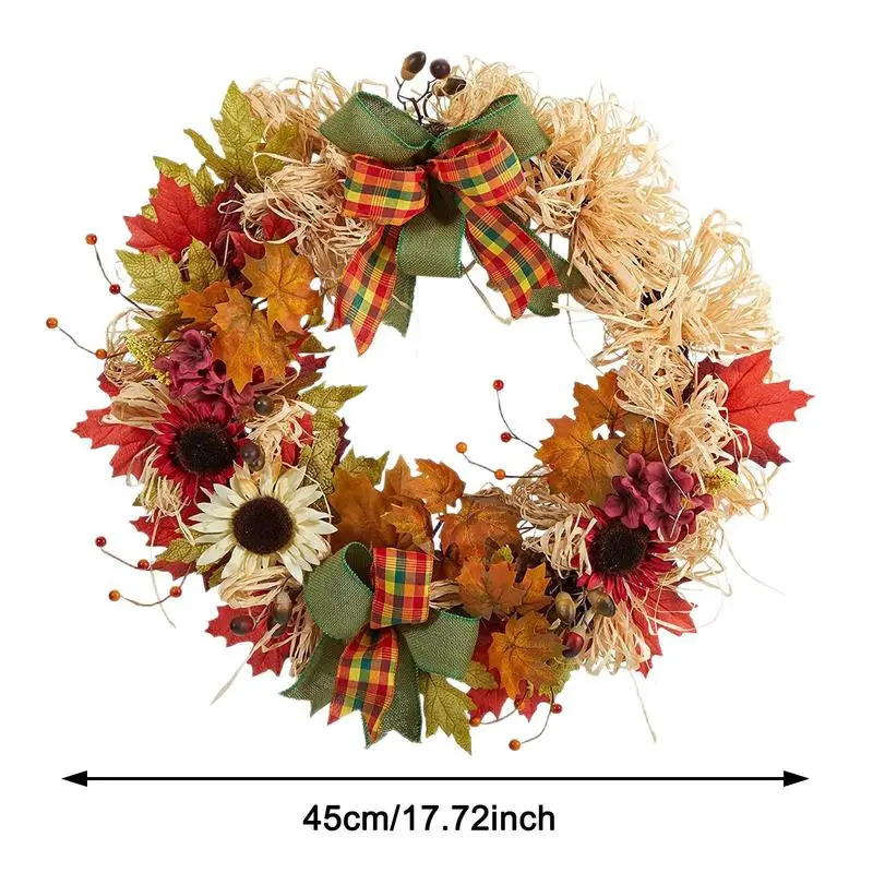 Искусственный осенний цветочный венок 45 см Искусственный осенний венок с бантиком и украшениями из кленовых листьев для сбора урожая - 5