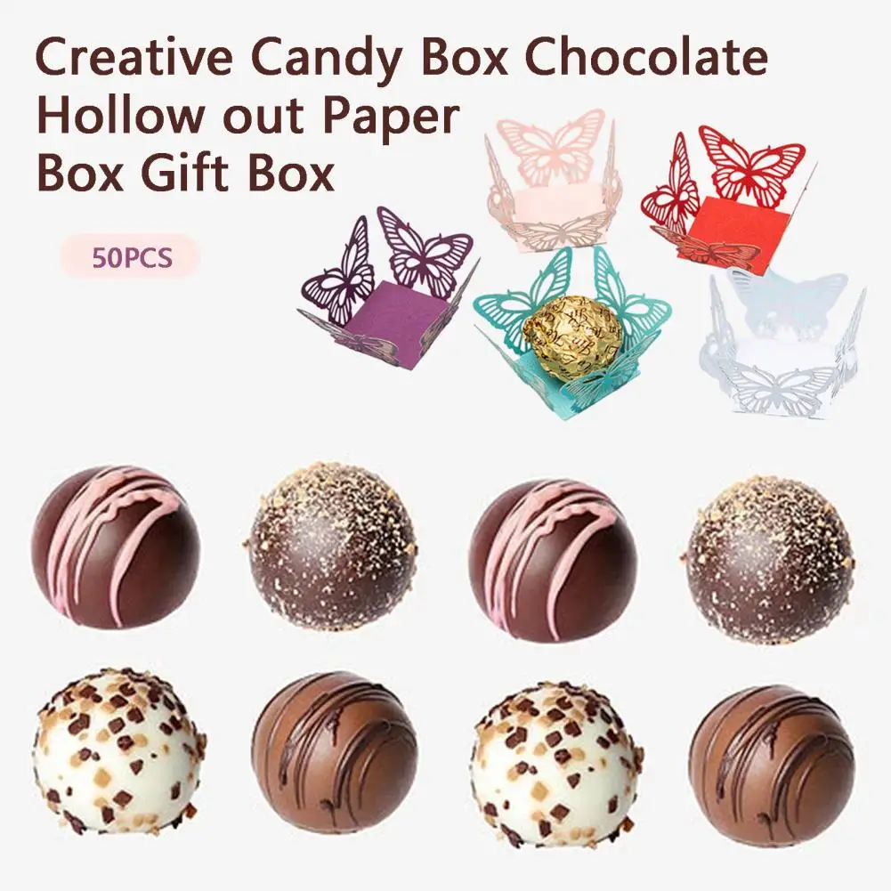 50 шт., вырезанная лазером коробка для шоколадных батончиков с бабочкой, Полый дизайн, коробка для конфет для вечеринки в честь дня рождения, Свадебная услуга, шоколадный батончик для вечеринки, подарки - 1