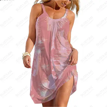 2023 Новая Гавайская модная короткая юбка, Женская Свободная сексуальная рубашка с круглым вырезом, Летнее платье на бретельках, легкий галстук-краска, мода для 3D-печати