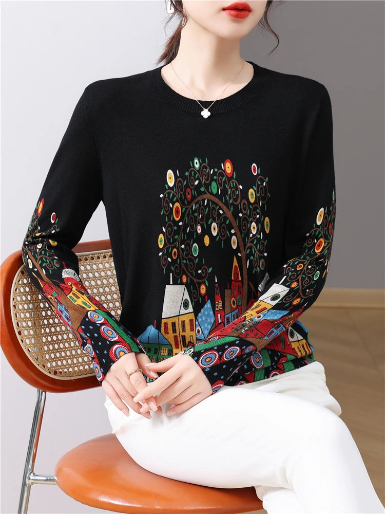 Женские свитера с цветочным принтом, весна-осень, модные пуловеры в корейском стиле, топ с длинным рукавом, женские блузы, тонкий вязаный свитер - 4