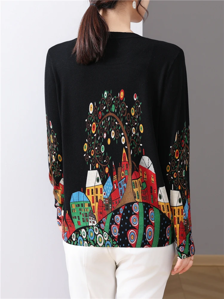 Женские свитера с цветочным принтом, весна-осень, модные пуловеры в корейском стиле, топ с длинным рукавом, женские блузы, тонкий вязаный свитер - 5