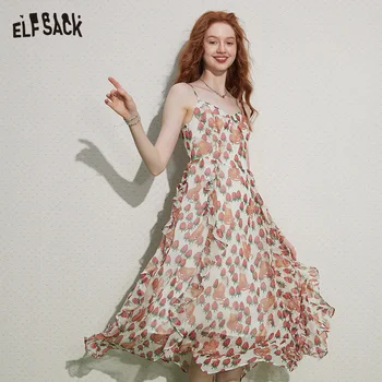 Французские платья с цветочным рисунком ELFSACK Женские 2023 Летние/ осенние повседневные платья без рукавов на талии