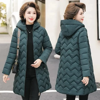 Зимнее женское утепленное пальто 5XL, теплая куртка с капюшоном на хлопковой подкладке для матери среднего возраста, однотонная повседневная женская длинная парка, верхняя одежда