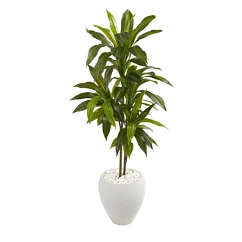 Искусственное растение драцена 46 дюймов в белой кашпо (настоящее прикосновение), зеленая