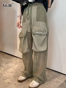 Женские однотонные брюки-карго с карманами в стиле пэчворк VGH, прозрачная уличная одежда из сетчатого материала с высокой талией, свободные брюки в стиле женской моды