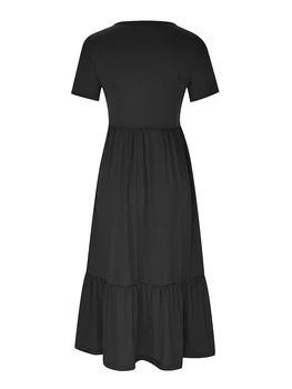 hhchenyulemon Женское однотонное длинное платье с круглым вырезом, с коротким рукавом, свободные повседневные платья-футболки с карманами, летние
